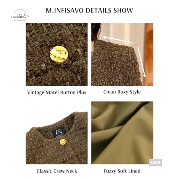 Cropped Tweed Blazer Wool Boucle Jacket Business Casual Box Fit - Picture 4 of 7